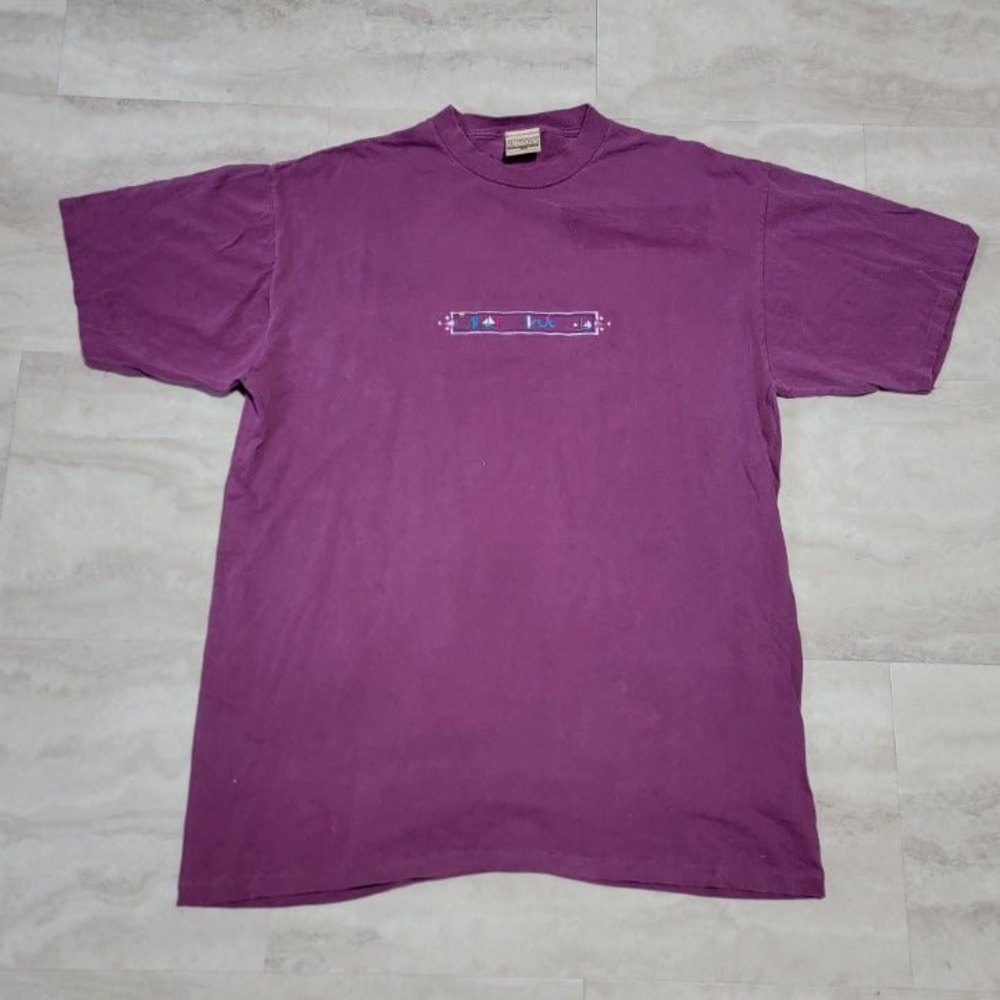 Vintage Embroidered Sail Boat Graphic Purple Suttons Sportswear T-Shirt X-Large